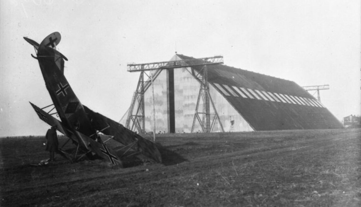 294_A German aeroplane which nose-dived outside a Zeppelin shed near Namur. November, 1918.